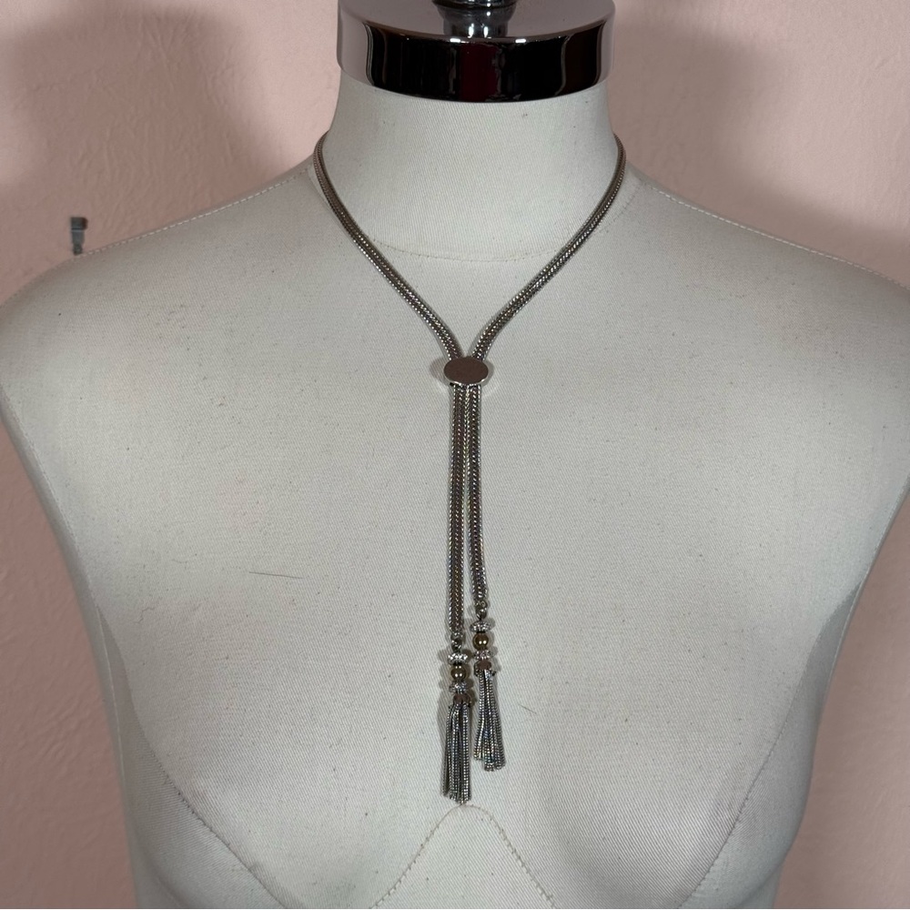 Monet 1960’s Silver Modernist Minimalist Lariat Necklace Bolo tie tassels - Picture 4 of 17